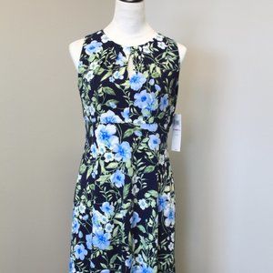 London Style Fit and Flare, Sleeveless Navy Blue Floral Dress, 6P